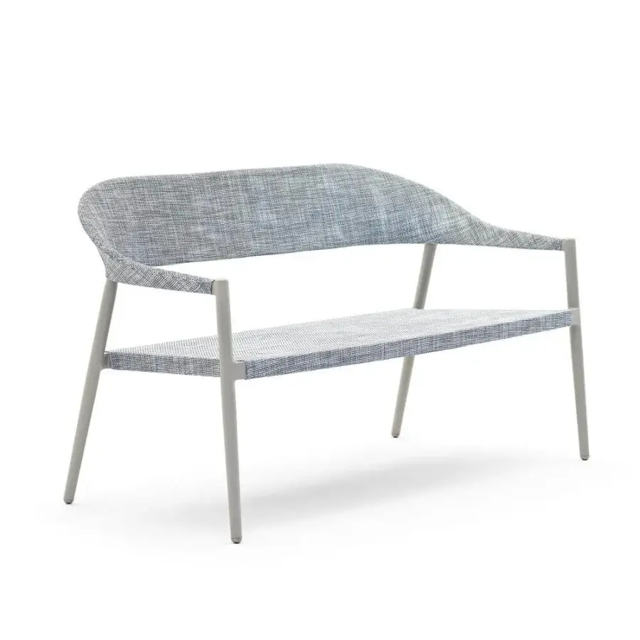 Distinguished Varaschin Clever sofa with a curved form and muted blue-gray woven VAR#TEX atop a powder-coated aluminum frame