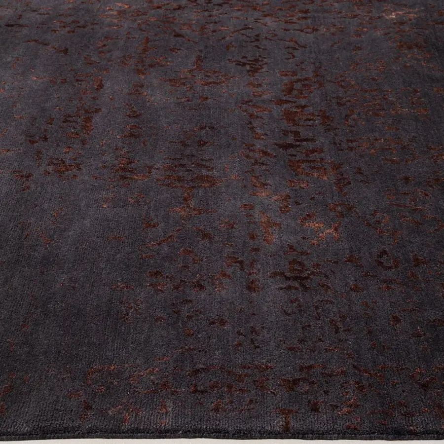 Exquisite Amini Artemisia rug hand-knotted in India with wool and viscose displaying a muted charcoal gray abstract design and carved finish
