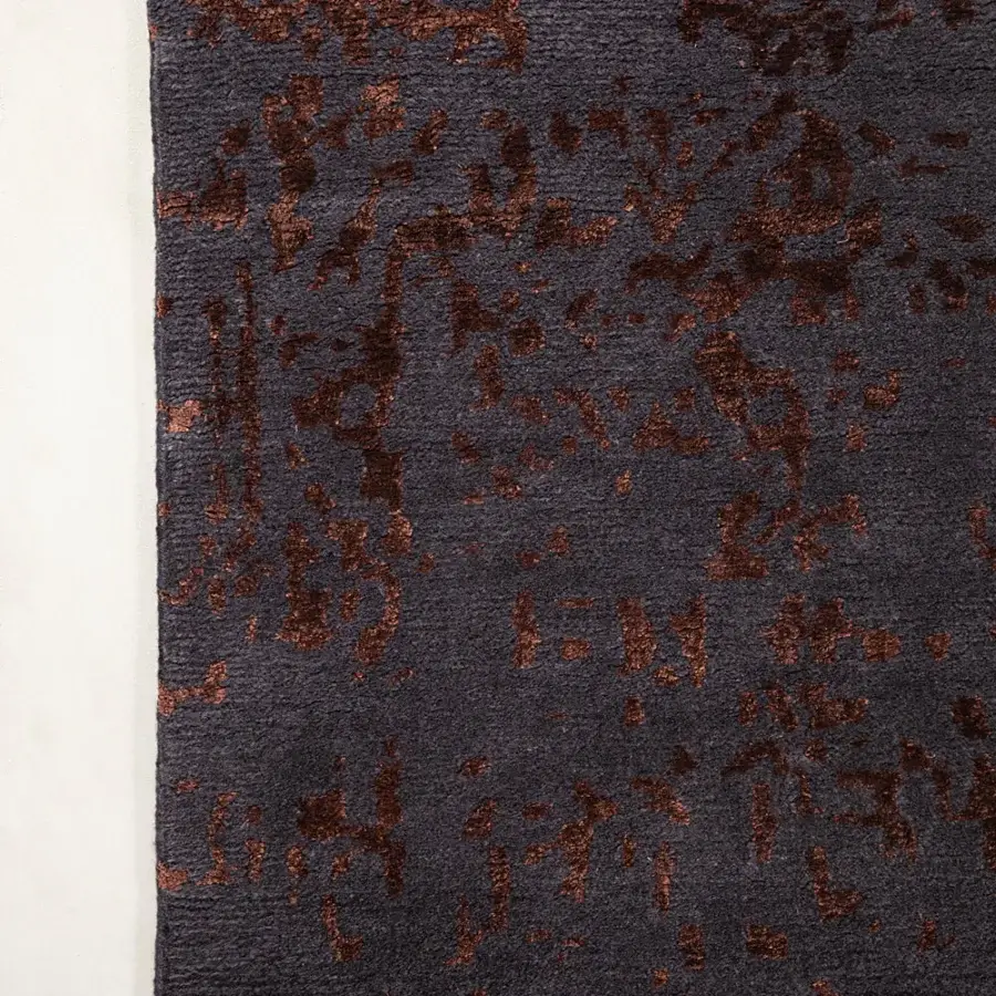 Distinguished Amini Artemisia rug hand-knotted in India with muted dark gray and brownish-orange wool and viscose pile, finished with a hand-washed technique