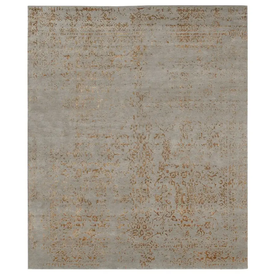 Lavish Amini Artemisia rug hand-knotted in India with muted gray and golden-brown wool and viscose, finished with a hand-washed carved technique