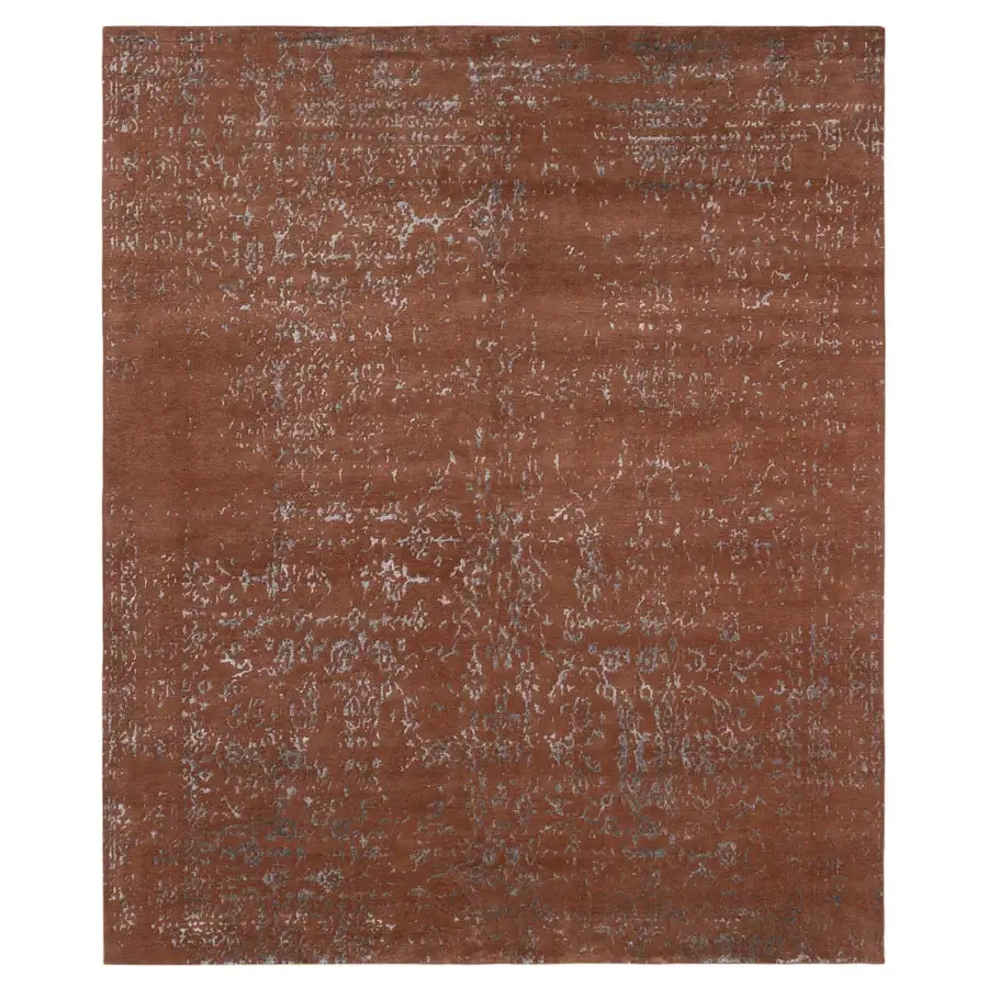 Superior Amini Artemisia rug hand-knotted in India with wool and viscose, exhibiting earthy brown and muted blue-grey tones with a hand-washed finish
