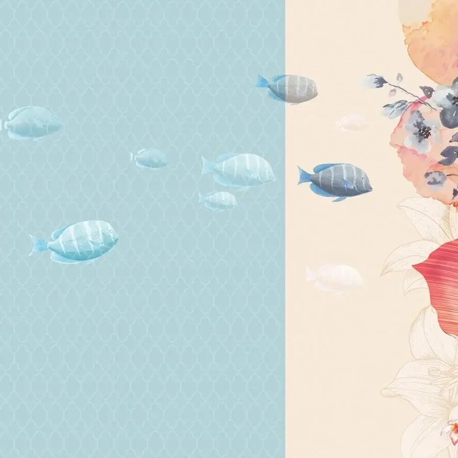 Superior Adriani e Rossi Kids Tasmania wallpaper with light blue textured background and coral peach blossoms in standard finish