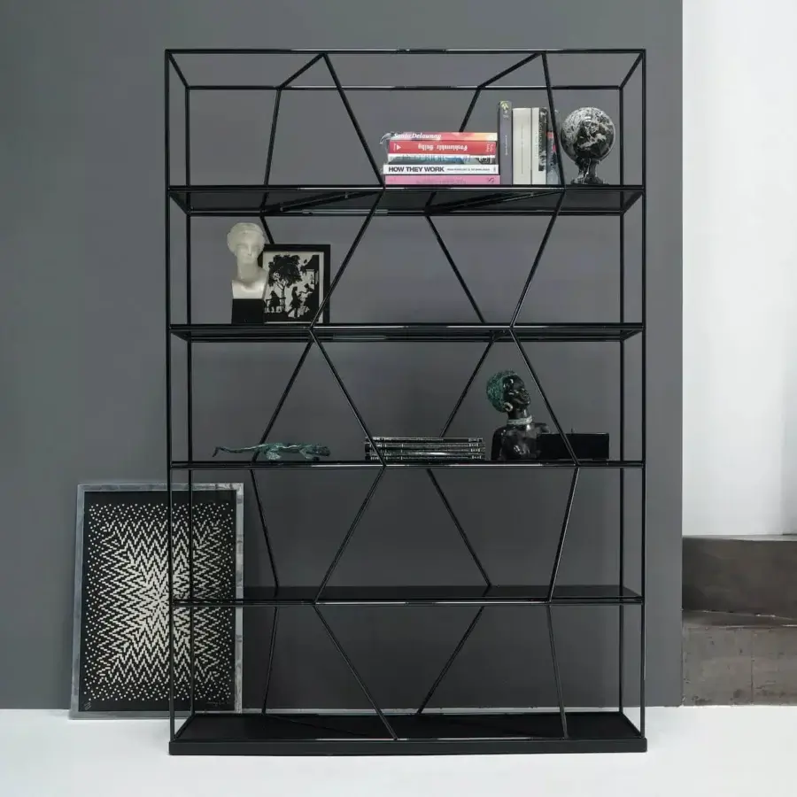Exceptional Bontempi Lexington bookcase crafted in Italy with sleek metal and matte black finish, exhibiting a geometric framework
