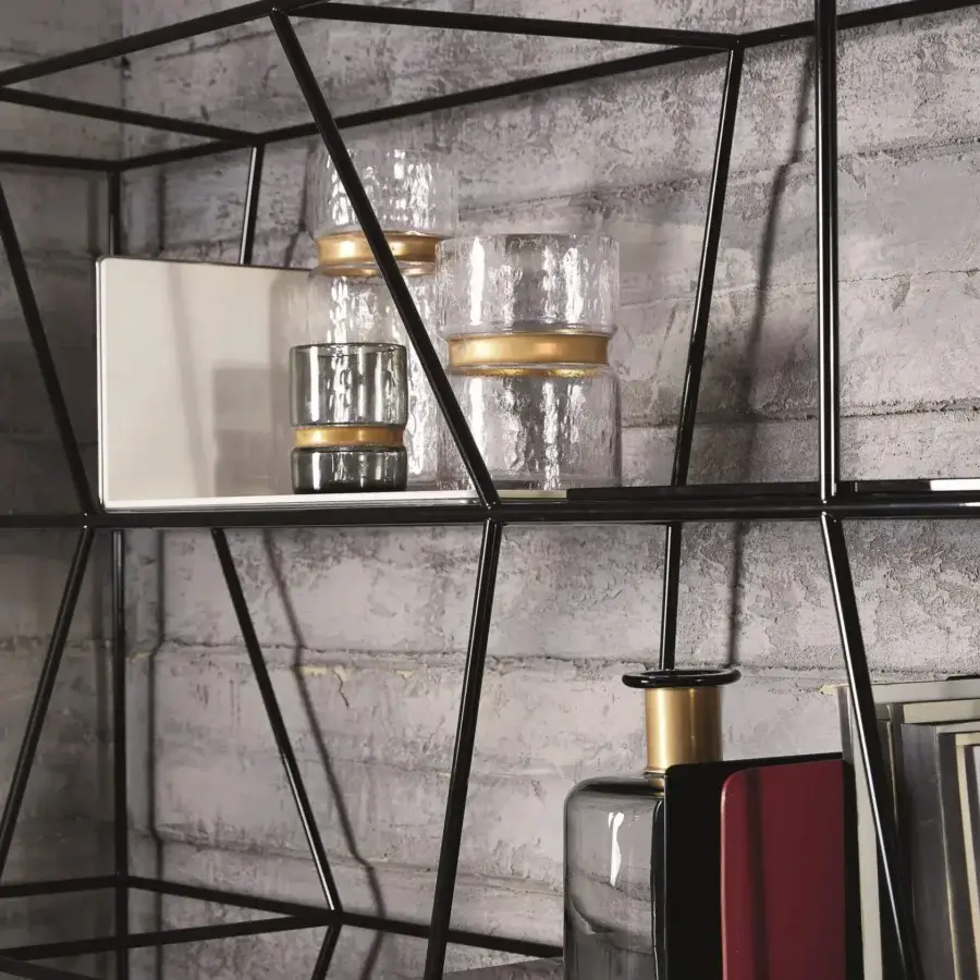 Elegant Bontempi Lexington bookcase with matte black metal frame and transparent glass shelves crafted in Italy