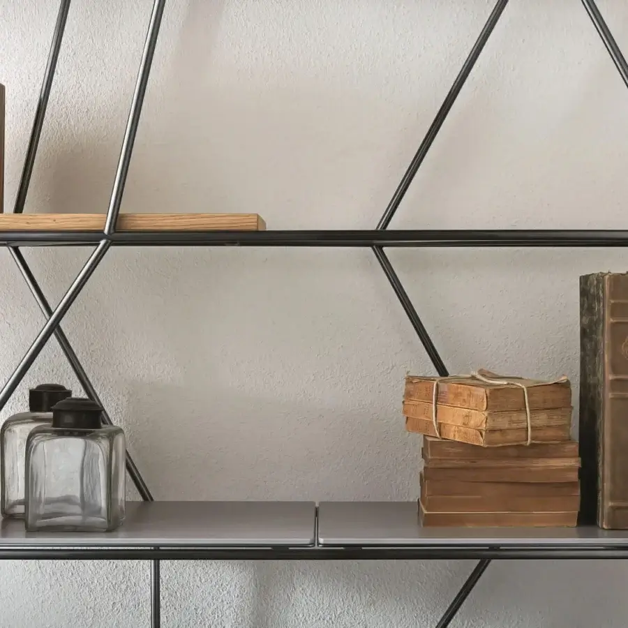 Superior Bontempi Lexington bookcase with dark matte metal frame and smooth wood shelves presents a minimalist industrial aesthetic