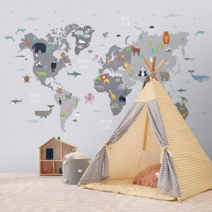 Exceptional Adriani e Rossi Kids World wallpaper with illustrated animals and marine life in soft gray and colorful hues with a matte finish