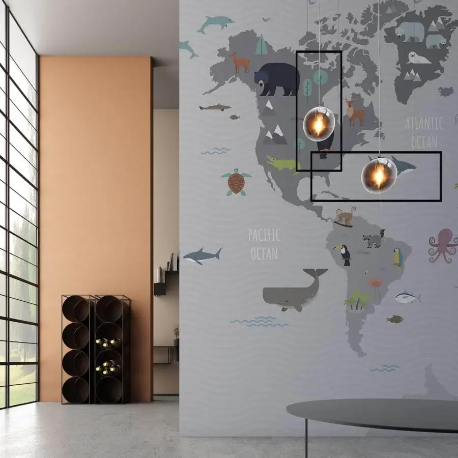 Captivating Adriani e Rossi Kids World wallpaper with illustrated maps and playful animal depictions in soft gray and beige tones crafted in Italy with a matte finish