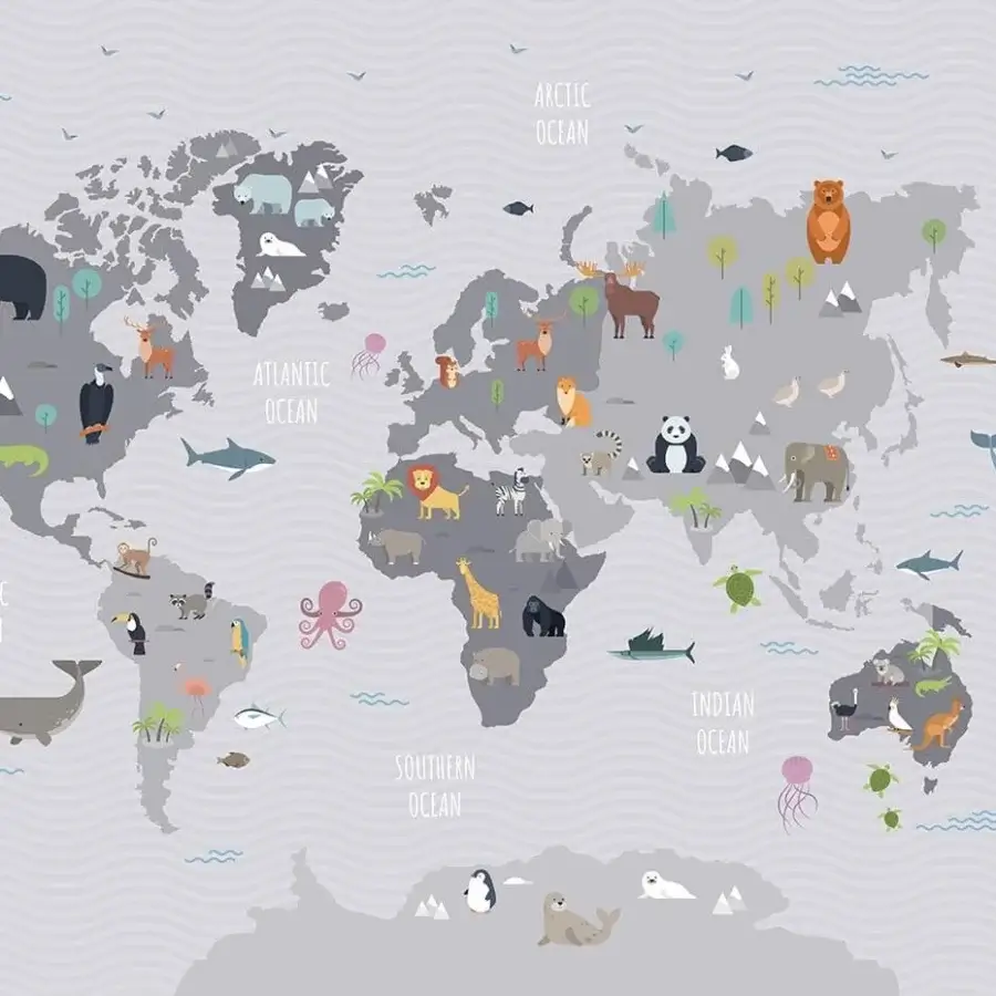 Superior Adriani e Rossi Kids World wallpaper with illustrated maps, animal depictions and subtle matte fiberglass finish