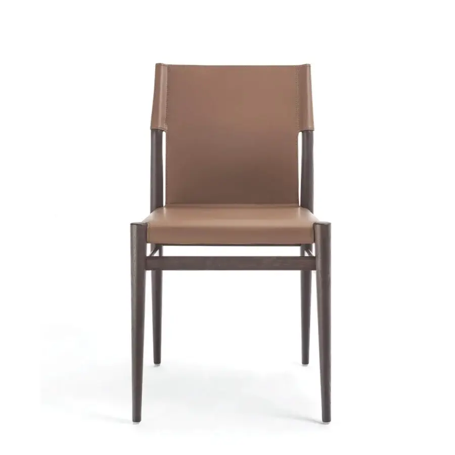 Distinguished Enrico Pellizzoni Ledermann chair crafted with tan leather upholstery and dark satin conical legs with sheet metal base
