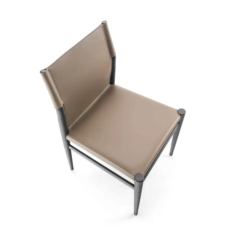 Elegant Enrico Pellizzoni Ledermann chair built with muted taupe leather and dark matte wood framing