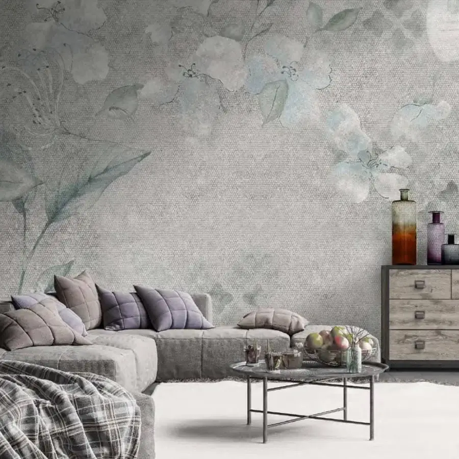 Elegant Adriani e Rossi Alicante wallpaper with watercolor floral design in soft grays and subtle blue tones with fiberglass finish