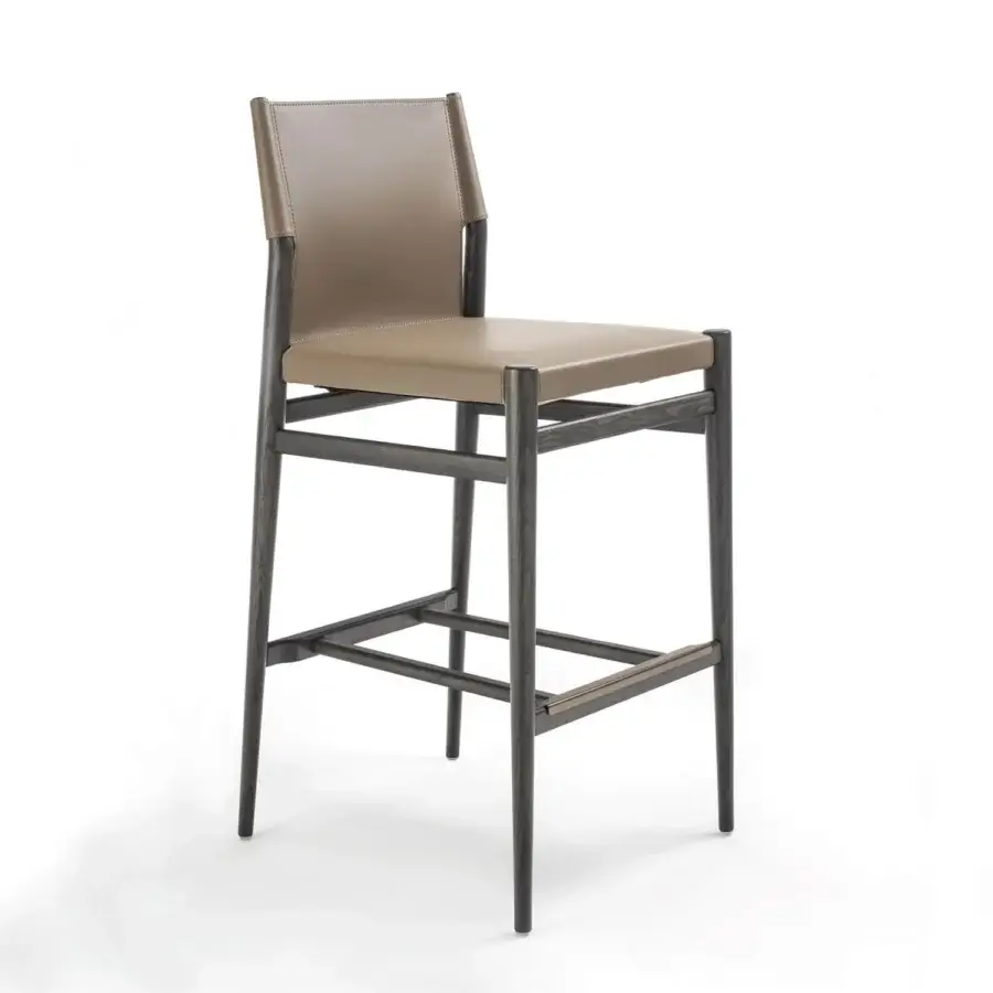 Distinguished Enrico Pellizzoni Ledermann counter stool with tan leather upholstery and dark gray conical legs