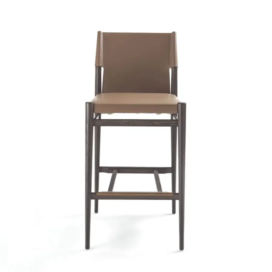 Exceptional Enrico Pellizzoni Ledermann counter stool crafted in medium-brown leather with conical wooden legs