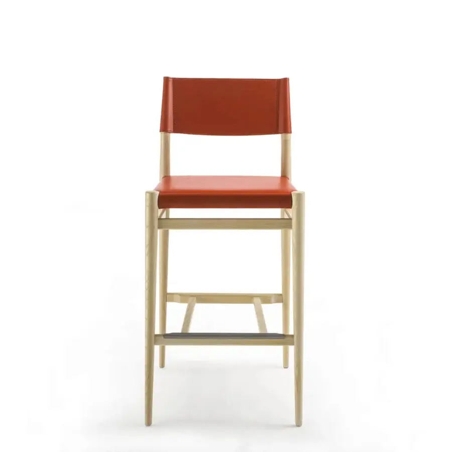 Superior Enrico Pellizzoni Ledermann counter stool built with reddish-brown leather and a black technical fabric sheet metal base