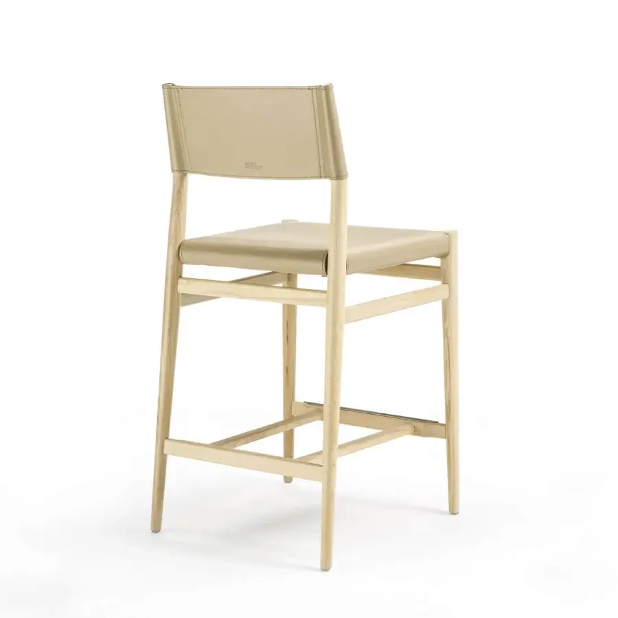 Elegant Enrico Pellizzoni Ledermann counter stool built with light wood and pale beige leather upholstery