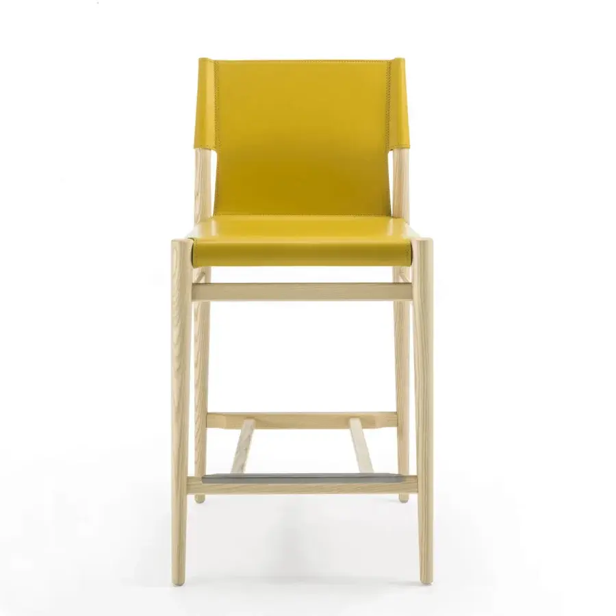 Distinguished Enrico Pellizzoni Ledermann counter stool crafted with yellow leather upholstery and a satin finished natural wood frame