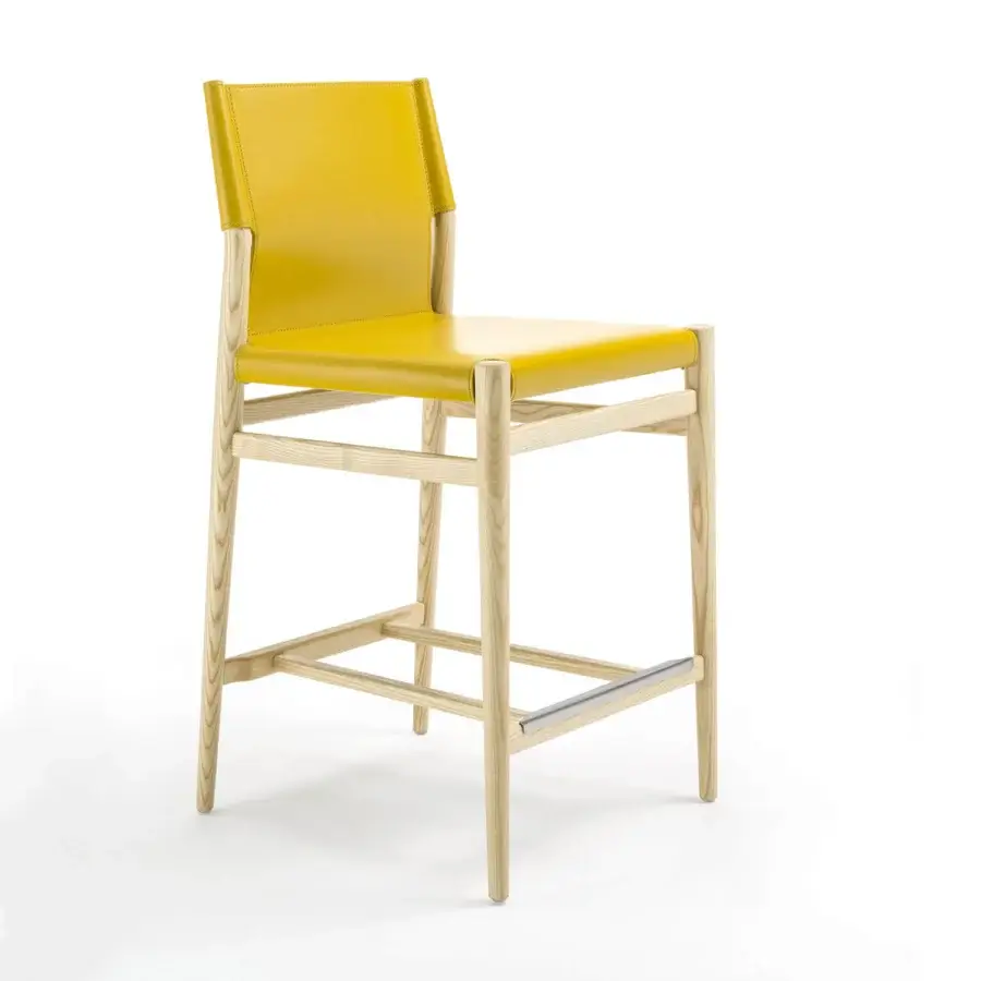 Elegant Enrico Pellizzoni Ledermann counter stool in yellow leather upholstery with a satin light-toned wood frame and silver metal support