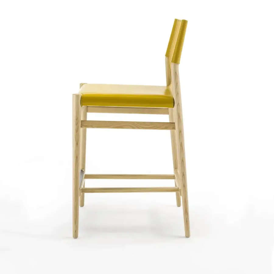 Superior Enrico Pellizzoni Ledermann counter stool built with yellow leather and natural satin finished wood structure