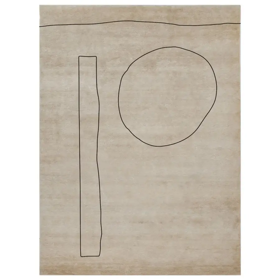 Lavish Amini Ritagli rug with hand-knotted bamboo silk, neutral beige field and hand-washed carved detailing