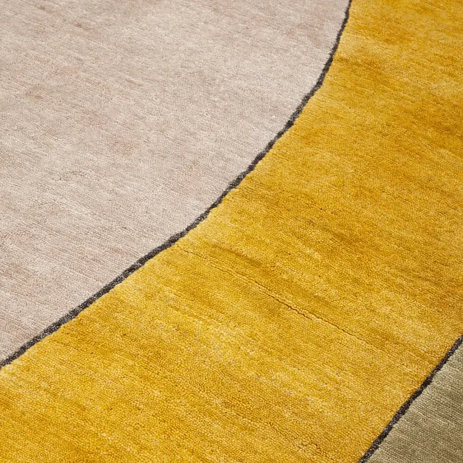 Stunning Amini Ritagli rug with abstract curves in mustard yellow, pale beige and olive green hand-knotted bamboo silk with a hand-washed finish