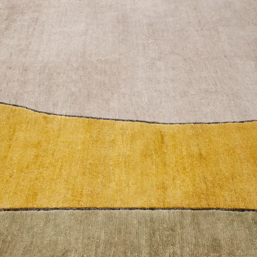 Exceptional Amini Ritagli rug with flowing forms in beige, saffron lime, and olive green bamboo silk with hand-washed finish