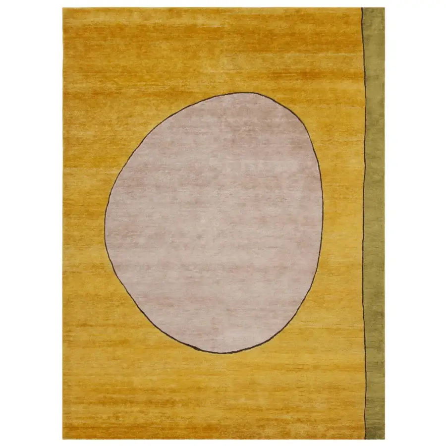 Lavish Amini Ritagli bamboo silk rug displaying geometric shapes in golden yellow and dusty rose with a hand-washed carved finish