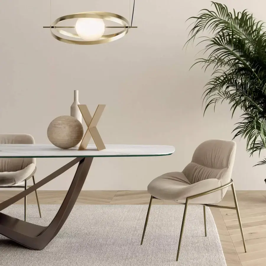 Superior Bontempi Papillon suspension lamp crafted in warm gold tone metal with a polished glossy sheen