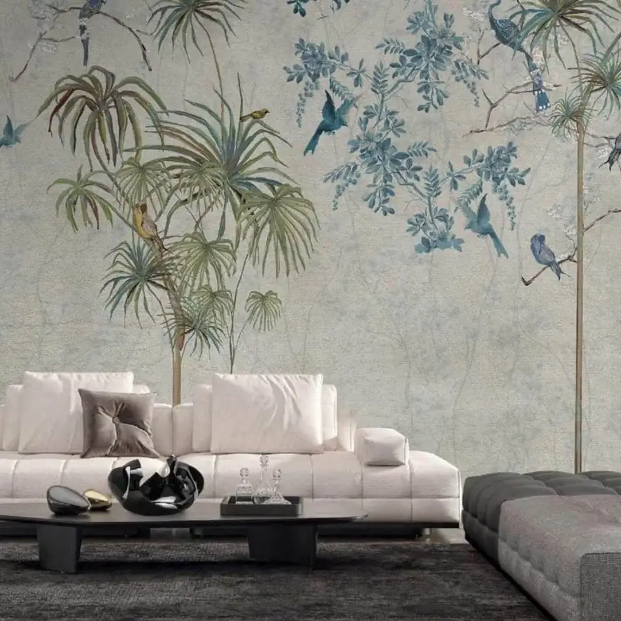 Distinguished Adriani e Rossi Essence Cologne wallpaper with botanical prints and bird illustrations in gray-green and dusty blue, fiberglass finish