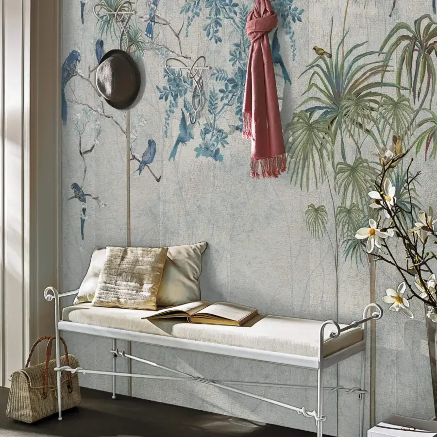 Elegant Adriani e Rossi Essence Cologne wallpaper with tropical foliage and bird illustrations in soft gray and blue with fiberglass finish