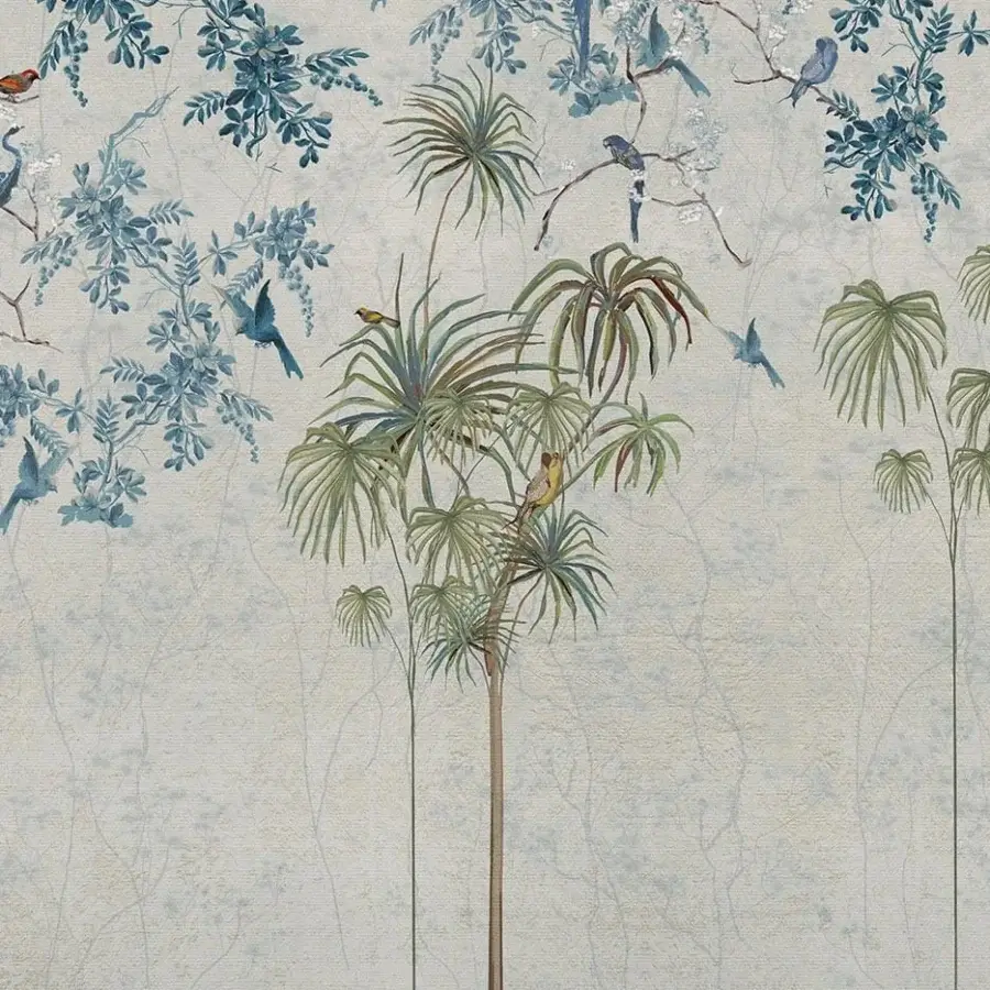 Captivating Adriani e Rossi Essence Cologne wallpaper with tropical foliage, bird illustrations and soft-textured fiberglass base in muted blues and gold accents