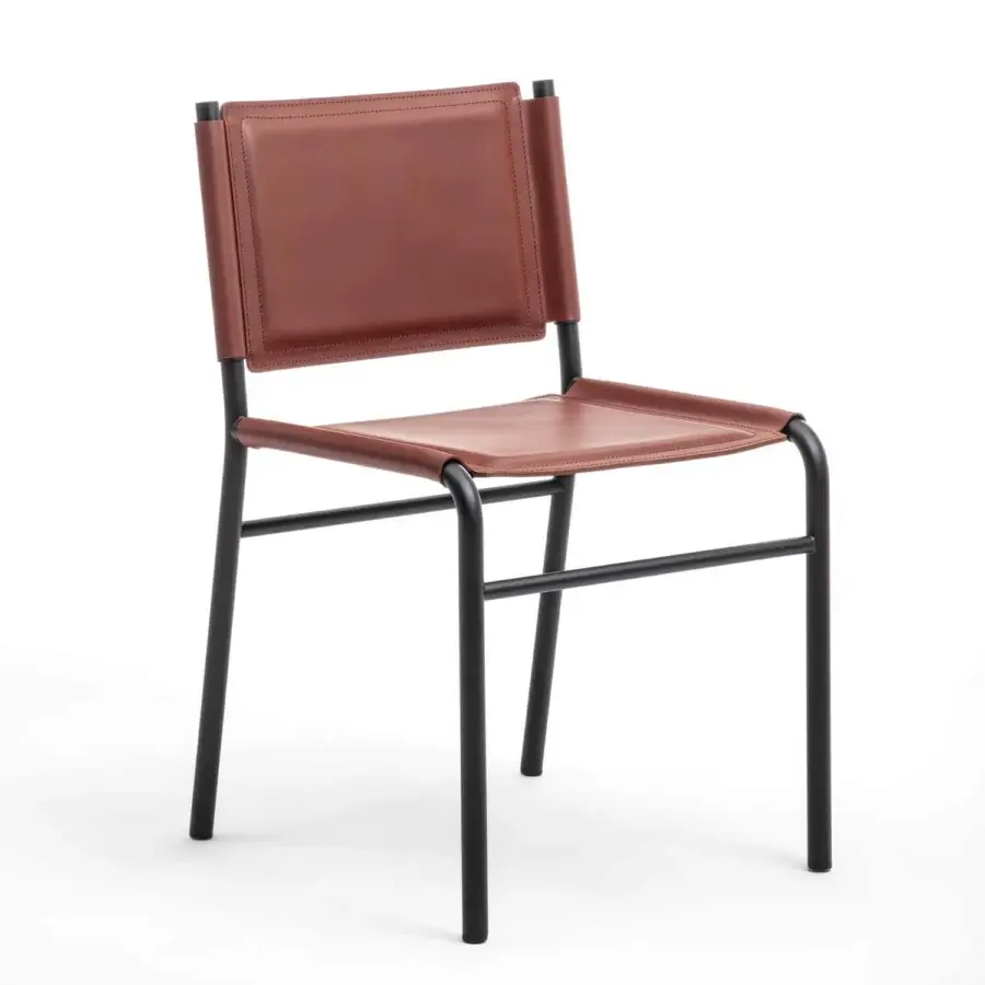 Exceptional Enrico Pellizzoni Pris chair with reddish-brown leather upholstery and painted tubular metal frame