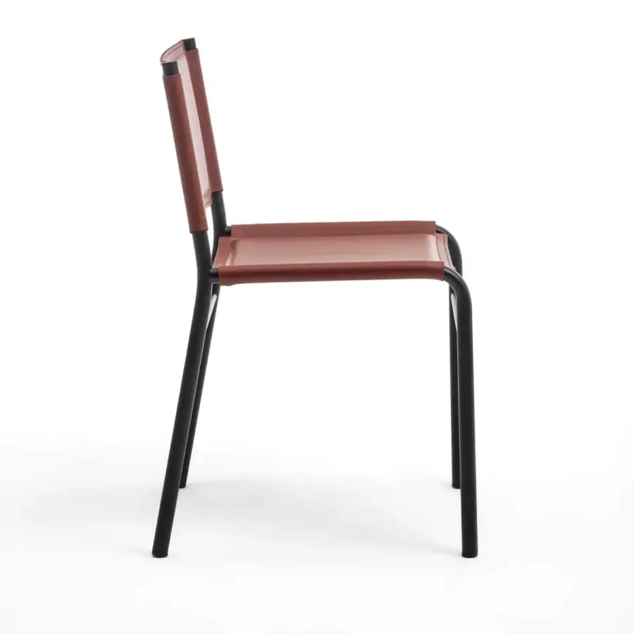 Exceptional Enrico Pellizzoni Pris chair with dark metal frame and reddish-brown leather upholstery showcasing skilled visible stitching details