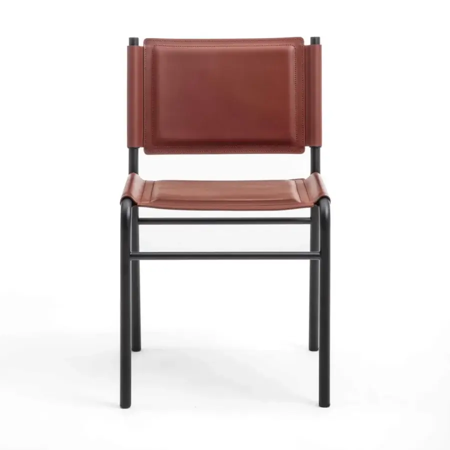 Superior Enrico Pellizzoni Pris chair with painted tubular metal frame and reddish-brown leather upholstery crafted with visible stitching
