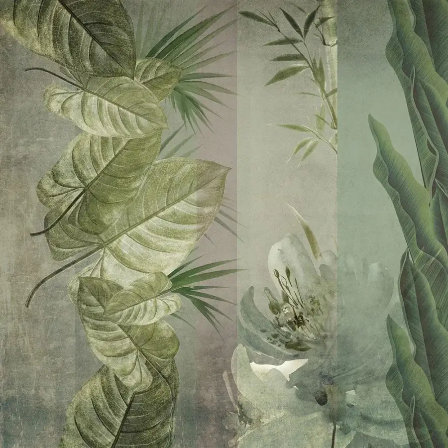 Superior Adriani e Rossi Colonial Wallpaper with botanical designs in muted green, grey, and lavender shades with a softly faded finish