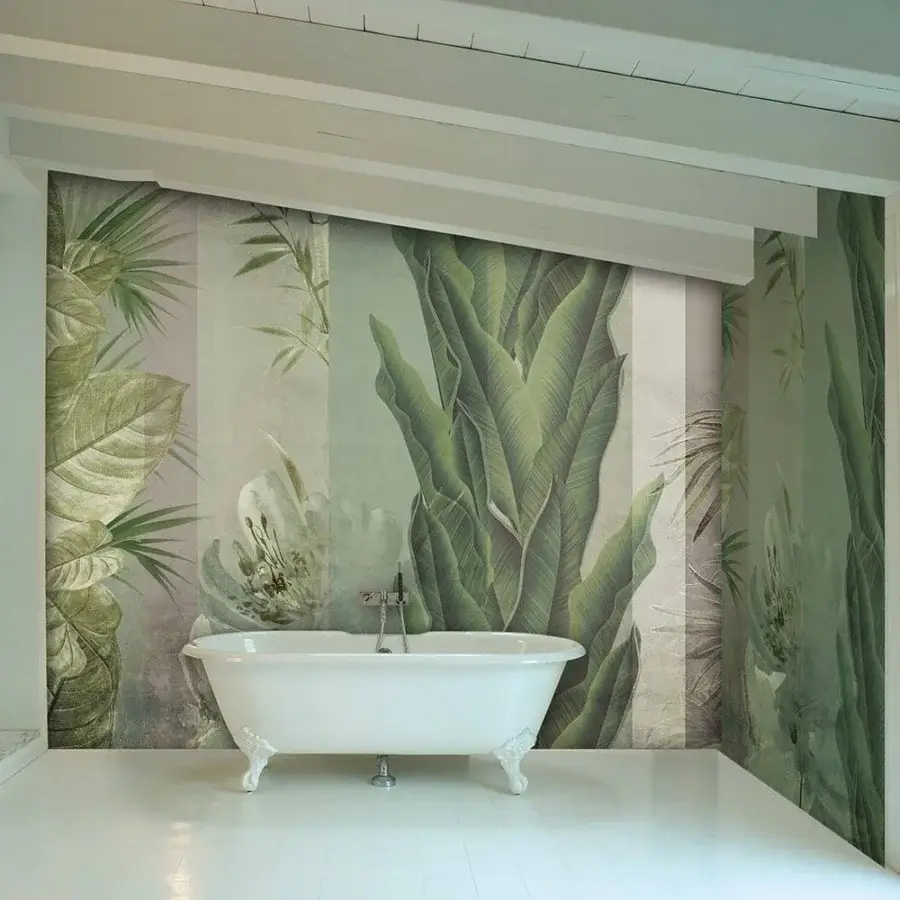 Distinguished Adriani e Rossi Colonial Wallpaper immerses spaces with stylized tropical foliage in varying shades of green and softly faded finish