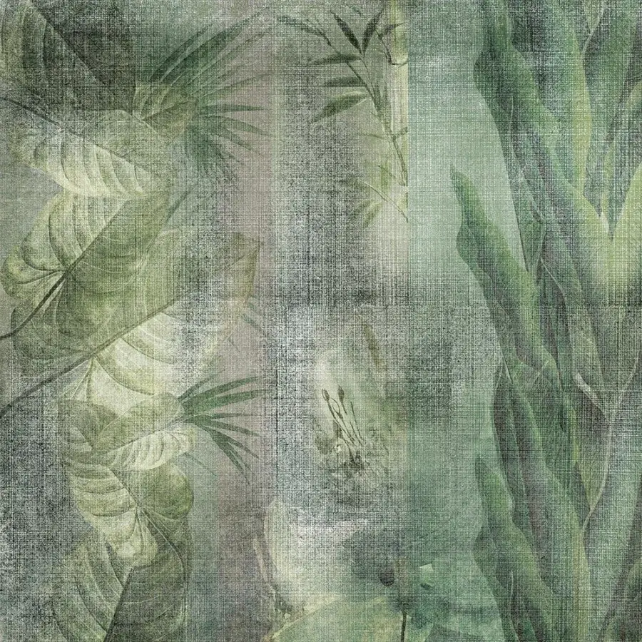 Elegant Adriani e Rossi Colonial Wallpaper displays layered botanical composition in muted olive and grey-green with a softly faded finish