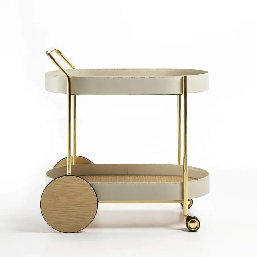 Distinguished Enrico Pellizzoni Route Trolley crafted with gold tone metal and wood shelves edged in premium leather