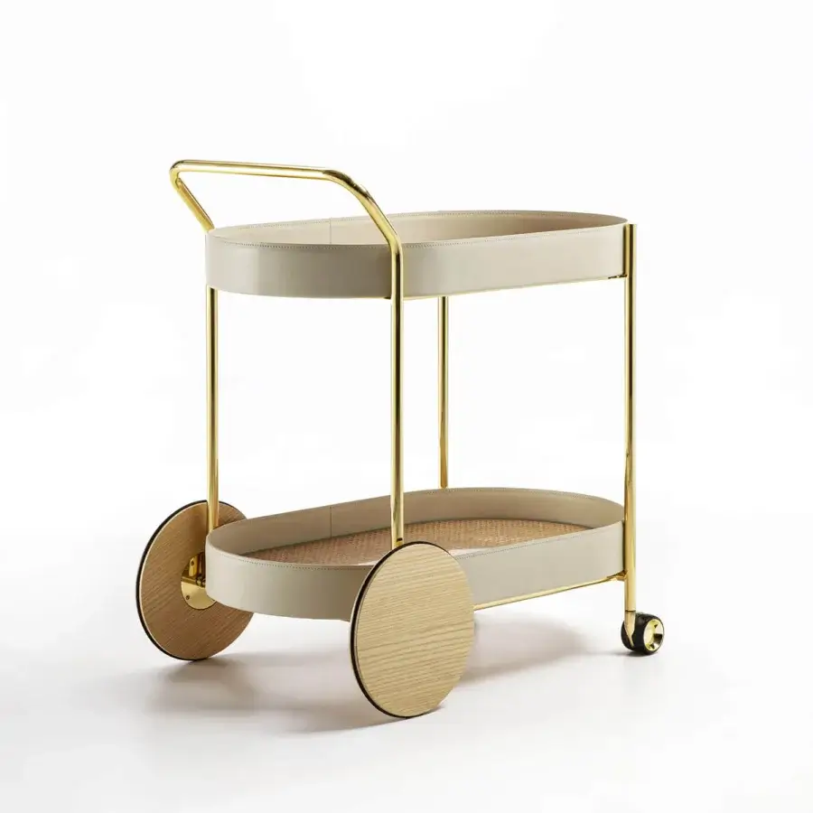 Elegant Enrico Pellizzoni Route Trolley crafted with gold finished metal and wood shelves edged in premium leather