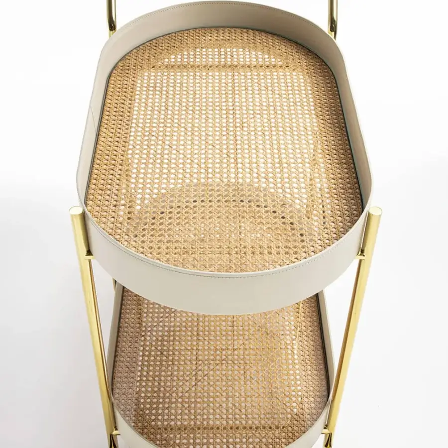 Distinguished Enrico Pellizzoni Route Trolley crafted with glossy golden metal and wood trays edged in premium leather
