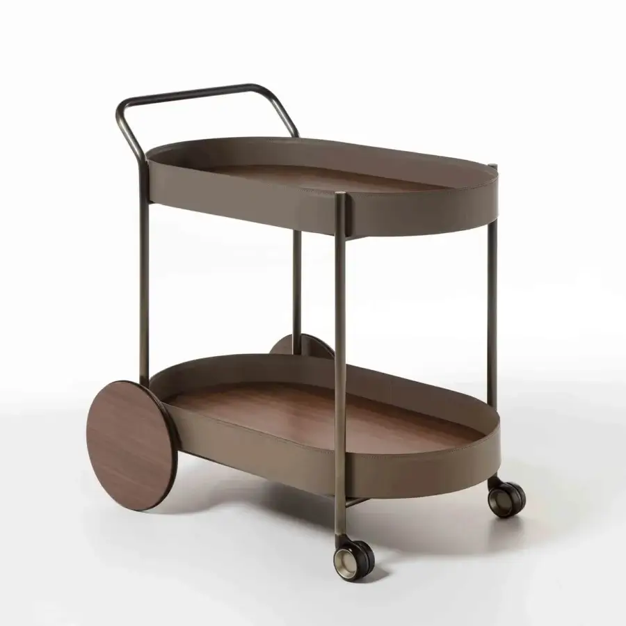 Elegant Enrico Pellizzoni Route Trolley crafted with wood shelves edged in leather and painted brownish-grey tubular metal frame