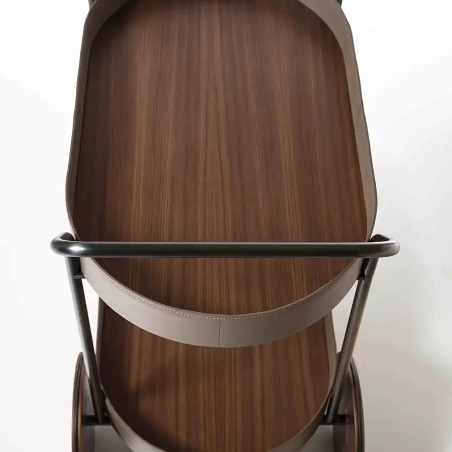 Superior Enrico Pellizzoni Route Trolley crafted with painted tubular metal, wood shelves and refined leather detailing in satin finish