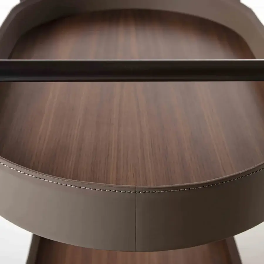 Exceptional Enrico Pellizzoni Route Trolley serving cart with stitched leather edges and satin wood shelves