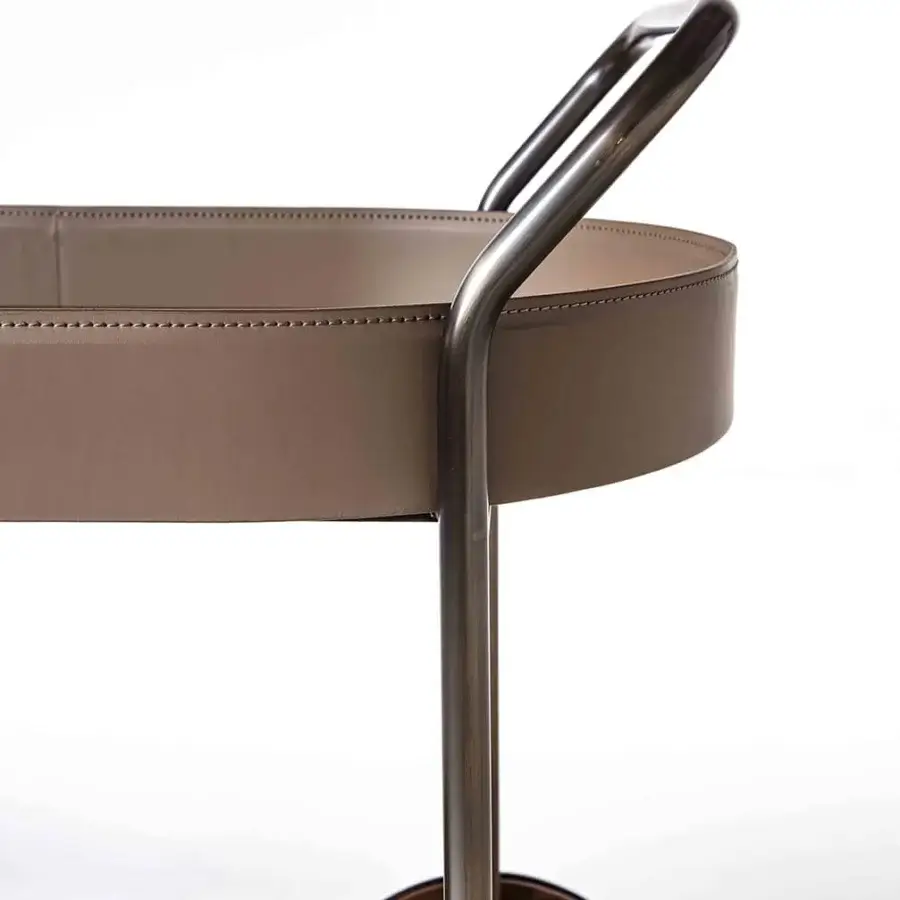 Superior Enrico Pellizzoni Route Trolley serving cart crafted with leather shelves and a refined black ash top