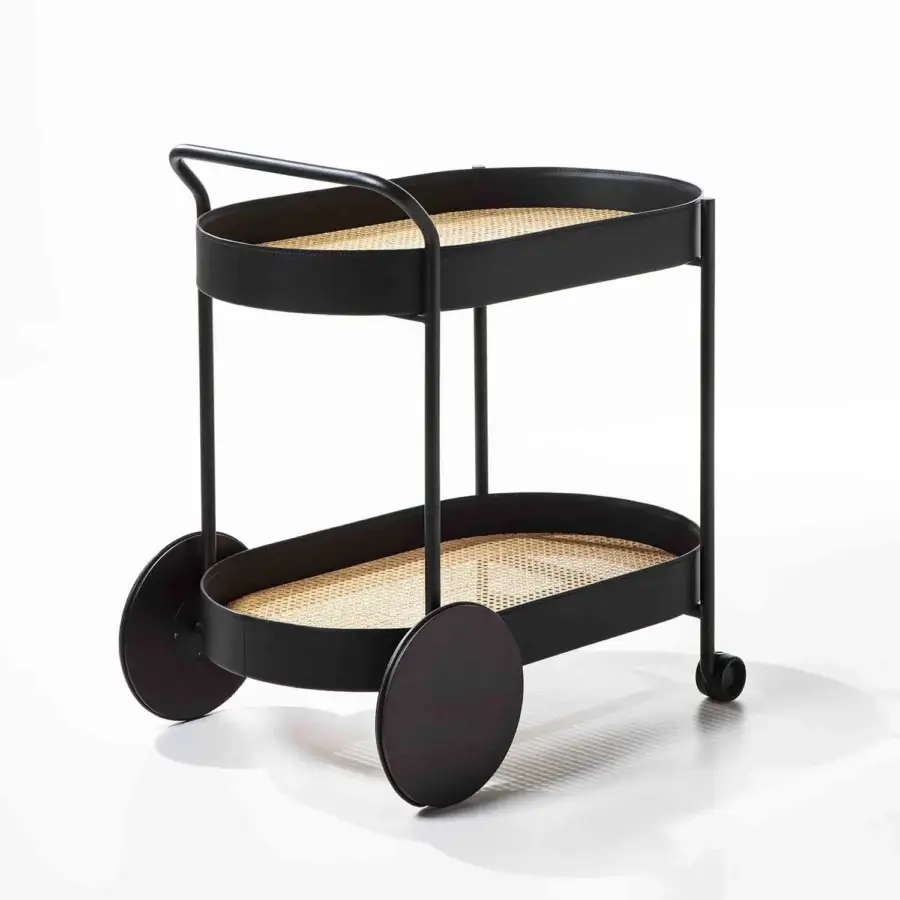 Exceptional Enrico Pellizzoni Route Trolley serving cart built with woven wood trays edged in leather and dark matte metal