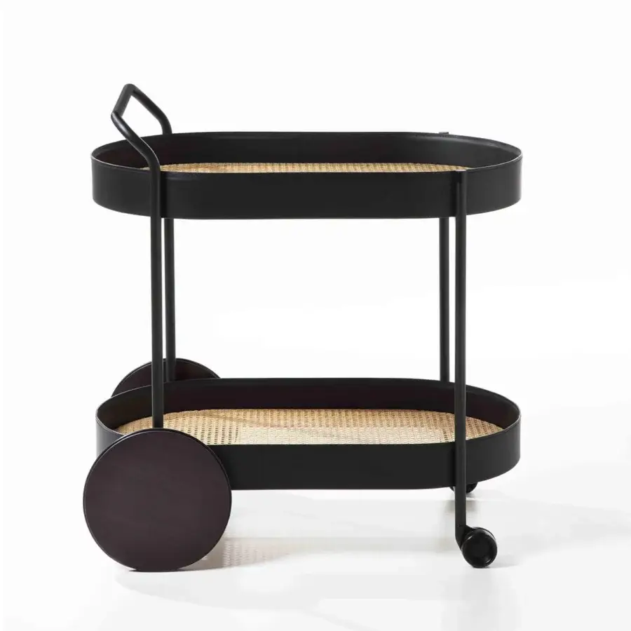 Elegant Enrico Pellizzoni Route Trolley serving cart built with woven light tan shelves and matte black tubular metal frame