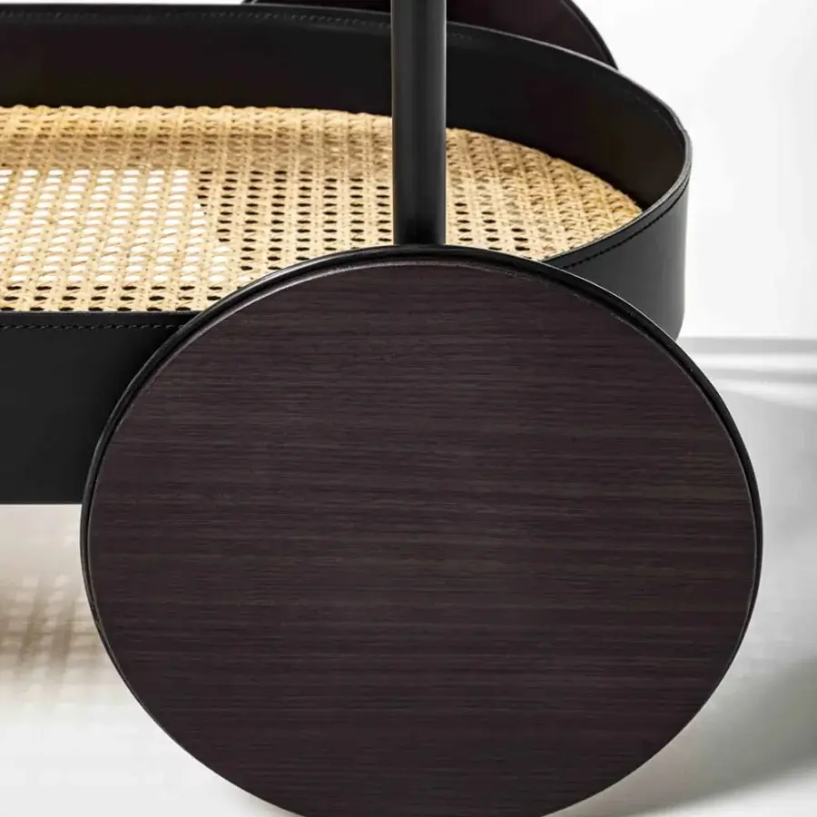 Superior Enrico Pellizzoni Route Trolley serving cart built with leather shelves, black ash, and woven detailing in a dark brown finish