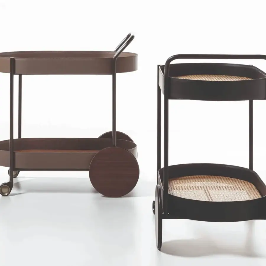 Distinguished Enrico Pellizzoni Route Trolley serving cart crafted with leather shelves and black ash atop a painted tubular metal frame