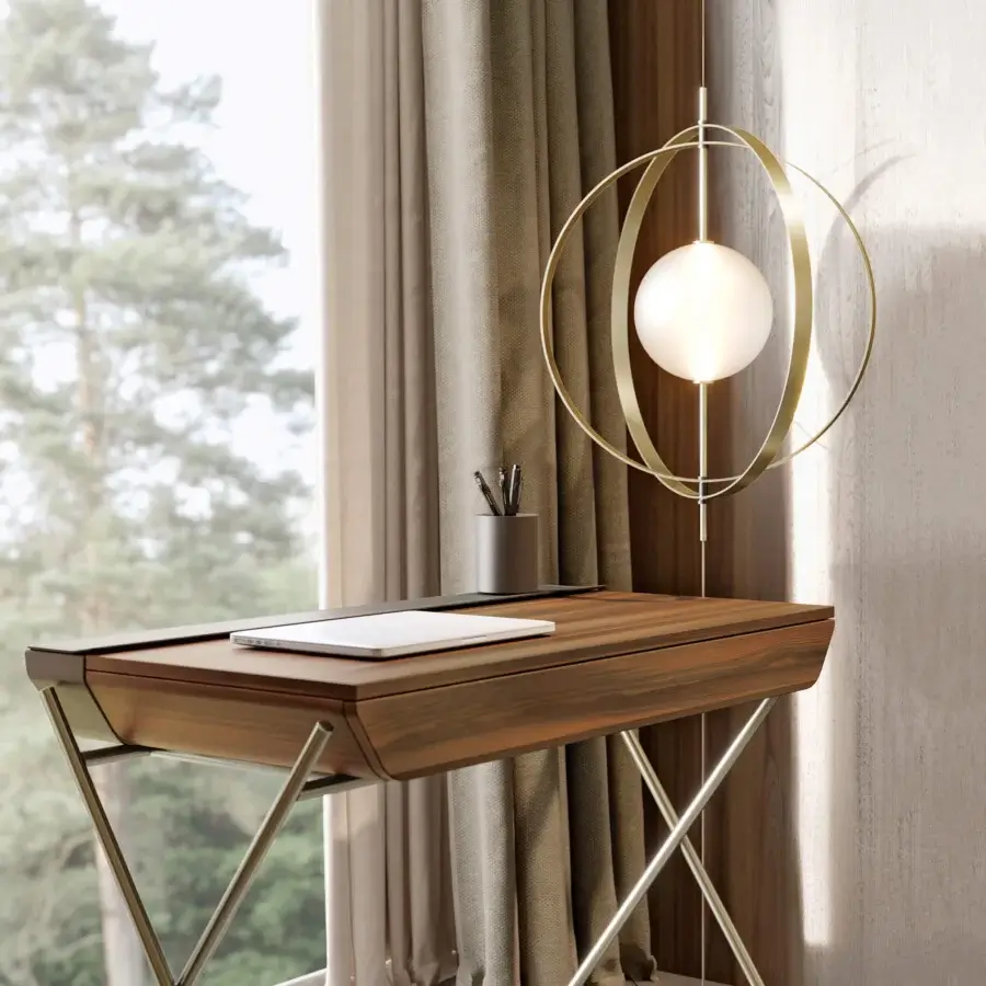 Superior Bontempi Papillon ceiling to floor lamp with rotating rings and satin golden metal structure