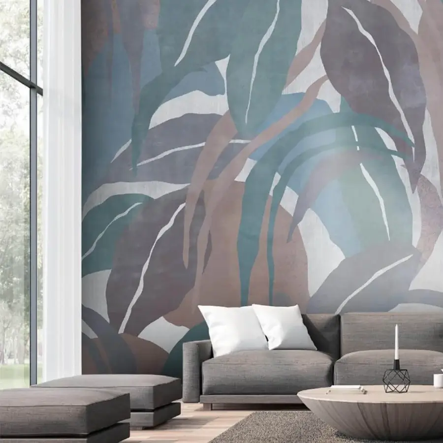 Distinguished Adriani e Rossi Guyana wallpaper with muted teal, gray and brown abstracted leaf shapes in a matte fiberglass base finish