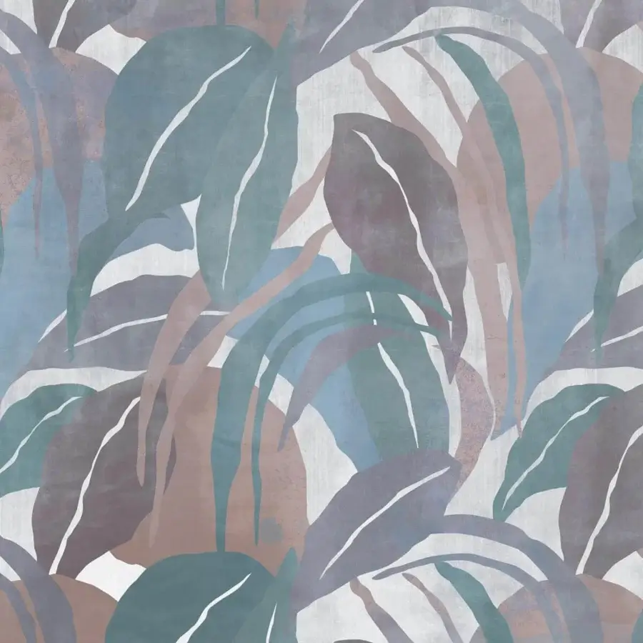 Exceptional Adriani e Rossi Guyana wallpaper crafted in fiberglass with blue-grey, rose and taupe elongated leaf shapes and matte finish